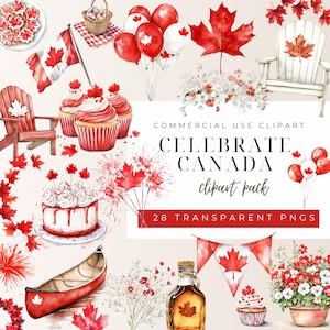 Feiern Sie Kanada Clipart-Pack, Kanada-Tag, Kanu, Kanada-Flagge, Cupcakes, Luftballons, Ahornblatt, Feuerwerk, Anorak, PNG-Datei, digitaler Download