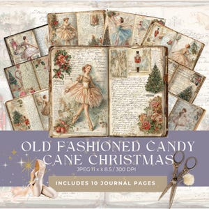 Könnte beinhalten: Eine Sammlung von Journalseiten im Vintage-Stil mit Ballerina-Illustrationen und Weihnachtsmotiven. Die Seiten sind geöffnet und zeigen detaillierte Kunstwerke und handschriftlichen Text. Das Bild enthält Ballettschuhe, eine Schere und den Text "OLD FASHIONED CANDY CANE CHRISTMAS".