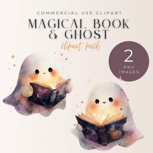 Peut inclure: Pack d'images clipart à l'aquarelle avec deux fantômes amicaux lisant des livres. Les livres ont un design de nuit étoilée, et les fantômes sont entourés d'étoiles. Le texte indique "MAGICAL BOOK & GHOST clipart pack" et "2 PNG IMAGES".
