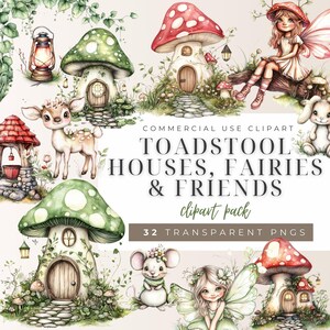 Aquarelles cliparts champignon vénéneux maisons, maison de fées champignon vénéneux, fée de la forêt, elfe de la forêt, des voeux de bonheur, des voeux de bonheur, fichier PNG, téléchargement numérique