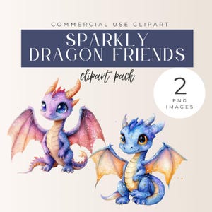 Könnte beinhalten: Zwei glitzernde Aquarell-Drachenillustrationen. Der erste Drache ist lila mit rosa Flügeln und der zweite Drache ist blau mit orangefarbenen Flügeln. Beide Drachen haben große blaue Augen und sitzen mit ausgebreiteten Flügeln.