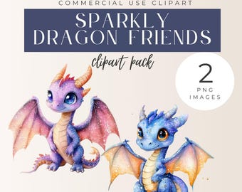 Imágenes prediseñadas de acuarela de dragón mágico, dragón azul, dragón morado, dragón amigable, archivo PNG, descarga instantánea, criatura mágica, dragón brillante