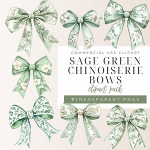 May include: Seven sage green chinoiserie bows with floral patterns.  Commercial use clipart pack. 7 transparent PNGs.