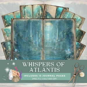 Puede incluir: Un conjunto de 13 páginas de diario con un diseño de ciudad submarina en tonos azules y turquesas. La imagen central muestra una gran sala con columnas y una figura. El texto "WHISPERS OF ATLANTIS" se muestra, junto con las dimensiones de las páginas.