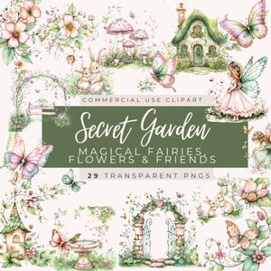 May include: A set of 29 digital illustrations featuring fairies, flowers, and other whimsical creatures. The illustrations are in a watercolor style and feature a variety of colors, including pink, green, and blue. The illustrations are perfect for creating invitations, cards, and other craft projects.