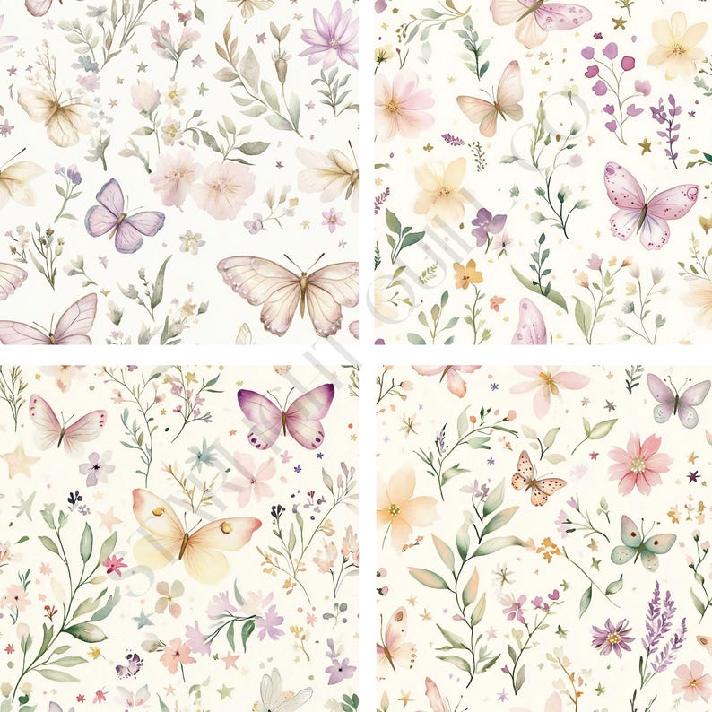 Butterfly and Wildflower Watercolor Seamless Digital Papers ...