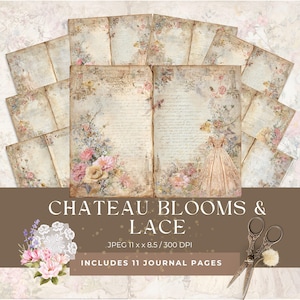 Chateau Blooms & Lace Junk Journal Pages, Scrapbook, Chateau Garden, Chateaucore Dresses, Vintage Dresses, Diary Page, JPG, Digital Download