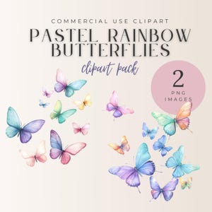 Könnte beinhalten: Ein Clipart-Paket mit 2 PNG-Bildern mit pastellfarbenen Regenbogen-Schmetterlingen. Die Schmetterlinge sind in verschiedenen Schattierungen von Rosa, Blau, Lila, Grün und Gelb. Die Schmetterlinge fliegen in verschiedene Richtungen.