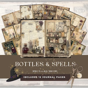 ボトルと呪文のジャンクジャーナルページ、スクラップブック用紙、神秘的、魔法の薬屋、背景、JPG、デジタルダウンロード