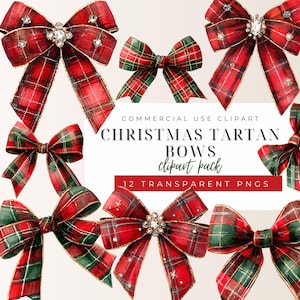 Puede incluir: Colección de lazos de tartán navideños en acuarela con patrones de cuadros rojos y verdes. Algunos lazos tienen adornos de pedrería. La imagen incluye el texto "Christmas Tartan Bows Clipart Pack" y "12 Transparent PNGs".