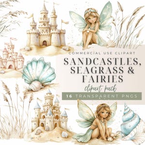 Châteaux de sable, herbiers et fées aquarelle Clipart Pack, Clipart plage, coquillages, amoureux de la plage, Beach Party, sable, PNG, téléchargement numérique