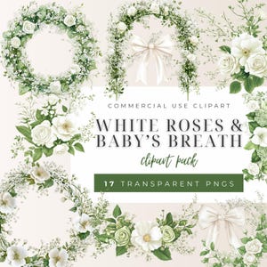 Weiße Rosen und Schleierkraut Aquarell Clipart, Rosenkranz, Braut Blumenbogen, Hochzeit einladen, Hochzeitsdekor, PNG, digitaler Download