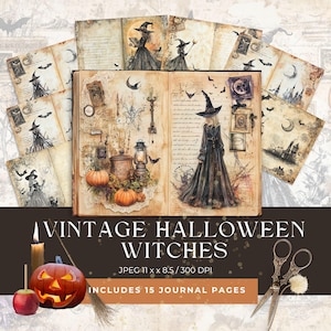 Könnte beinhalten: Vintage Halloween-Journalseiten mit Illustrationen von Hexen, Kürbissen und Fledermäusen. Das offene Journal zeigt detaillierte Kunstwerke, umgeben von zusätzlichen Seiten. Ein geschnitzter Kürbis, eine Kerze und ein Apfel sind ebenfalls abgebildet. Der Text lautet "VINTAGE HALLOWEEN WITCHES".