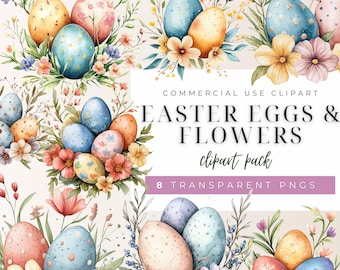 May include: A digital clipart pack of eight watercolor illustrations featuring Easter eggs and flowers. The eggs are decorated with various patterns and colors, including blue, yellow, pink, and white. The flowers are a mix of pink, yellow, and white.