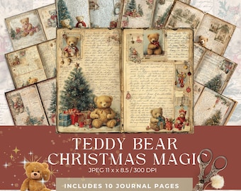 May include: A set of vintage-style journal pages with teddy bear and Christmas illustrations. The pages feature teddy bears, Christmas trees, and gifts. The text "TEDDY BEAR CHRISTMAS MAGIC" is displayed, along with "INCLUDES 10 JOURNAL PAGES".