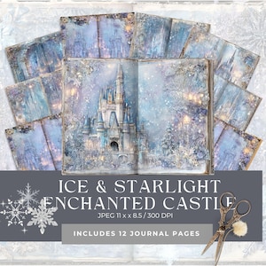 May include: A set of 12 journal pages with a winter castle design. The pages showcase a detailed illustration of a castle, surrounded by snow and trees, in shades of blue, white, and silver. The text "ICE & STARLIGHT ENCHANTED CASTLE" is displayed.