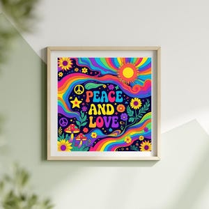Peace and Love Psychedelic Poster – Retro 70s Wall Art Print, Groovy Boho Decor, Trippy Hippie Vibes for Home or Dorm