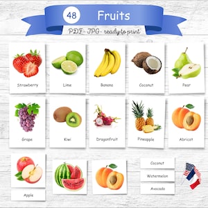 FRUITS Montessori cards, Editable cards, Montessori printable, flash cards, learning material, Home schooling, Nomenclature Flashcards