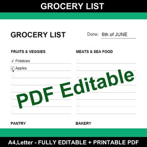 Editable Grocery List, Grocery List Template, Food Shopping List ...