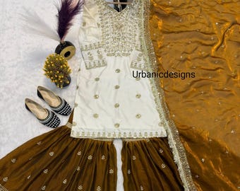Embroidered Crepe Silk Sharara Salwar Kameez with Dupatta