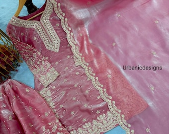 Pakistanischer Salwar Kameez bestickter Organza Jimee Choo Sharara Anzug mit Dupatta, Kurta Sharara Set