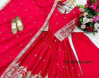 Pakistani Salwar Kameez, Embroidered Cinon Silk  Anarkali Suit with Dupatta