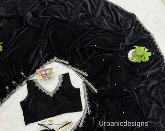 Black Velvet Saree, Embroidered Floral Wedding Sari with Stitched Blouse