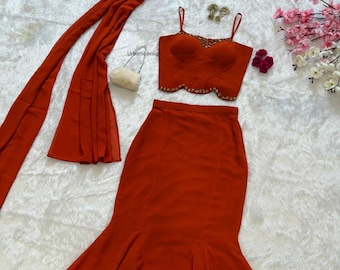 Blaues Georgette Lehenga Set, Diamantarbeit, genähte Bluse