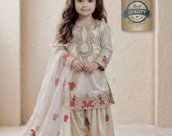 Girls Embroidered Silk Salwar Kameez Set, Party Wear Indian Outfit