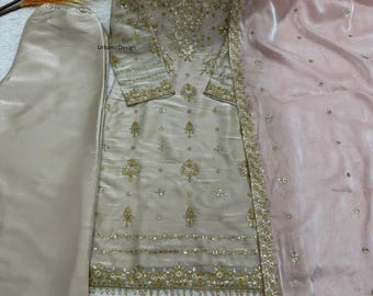 Bestickte Seide Kurta Palazzo Set, pakistanische Salwar Kameez, Eid Wear