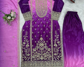 Pakistanische Designer Lila bestickt mit Arbeitsfolge Salwar Kameez mit Dupatta, Hochzeit Sharara, Party Wear Kleid, ethnischen Anzug Eid
