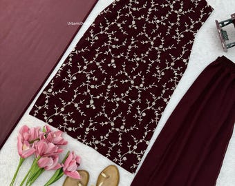 Georgette Embroidered Palazzo Suit Set, Pakistani Style Faux Georgette Kurta with Dupatta, Eid Festive Ethnic Wear, Readymade Outfit