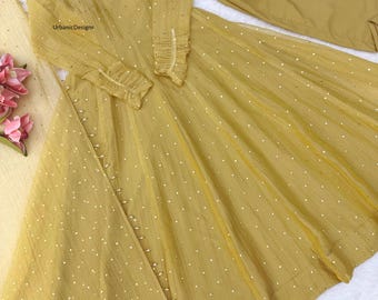 Pakistani Yellow Heavy Embroidered Sequence Work Yellow Anarkali Gown With Dupatta 3-PC Suit, Party Wear Gown, Designer Women's Ethnic Wear