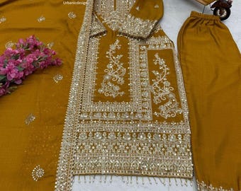 Pakistani Salwar Kameez Embroidered Chinon Silk Sharara Suit with Dupatta, Kurta Palazzo set
