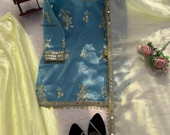 Embroidered Fendy Silk Sharara Suit with Mirror Work Dupatta, Pakistani Kurta Palazzo Set