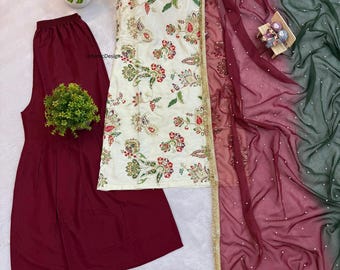 Bestickter Seiden Salwar Kameez, Roter Sharara Anzug, Dupatta Set
