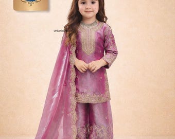Mädchen Seide Kurti Sharara Set mit Dupatta, indische ethnische Kleidung für Eid, pakistanische Ramzan