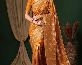 Women's Georgette Saree - Mustard Designer Saree With Blouse Piece, Wedding Wear Saree, Party Wear Saree