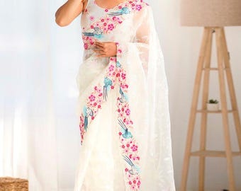 White Organza Saree - Women's Organza Off White Embroidered Designer Saree With Blouse Piece, Party Wear Saree, Christmas Gift Saree
