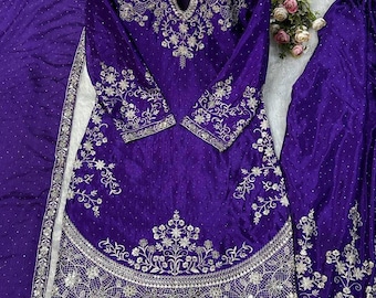 Purple Sharara Palazzo Suit, Chinon Silk Embroidery, Pakistani Wedding Outfit