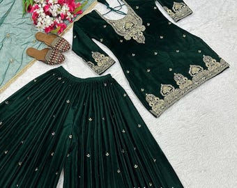 Embroidered Velvet Kurti Sharara Set, Party Outfit