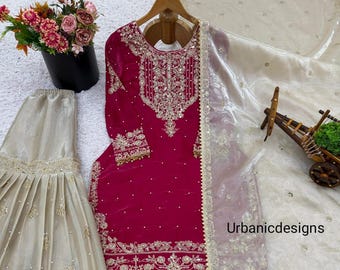 Bestickter Seiden Salwar Kameez mit Dupatta, indisches Partykleid