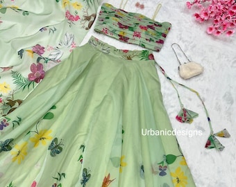 Floral Organza Lehenga Set – Green Indian Wedding Outfit