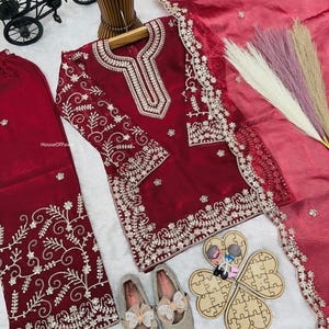 Girls Silk Kurti Sharara Set with Dupatta, Indian Ethnic Wear for Eid, Pakistani Ramzan Red