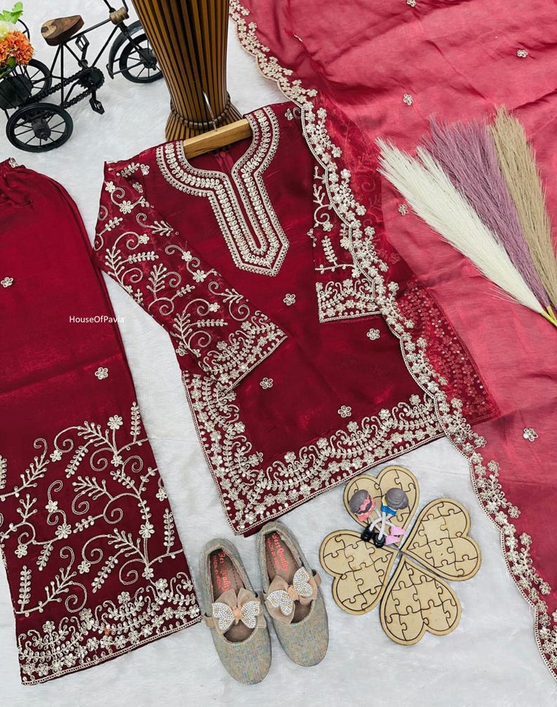 Girls Silk Kurti Sharara Set with Dupatta, Indian Ethnic Wear for Eid, Pakistani Ramzan Red