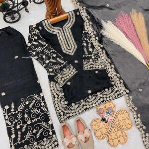 Girls Silk Kurti Sharara Set with Dupatta, Indian Ethnic Wear for Eid, Pakistani Ramzan Black