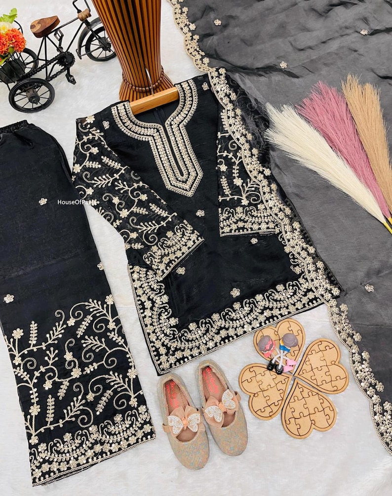 Girls Silk Kurti Sharara Set with Dupatta, Indian Ethnic Wear for Eid, Pakistani Ramzan Black