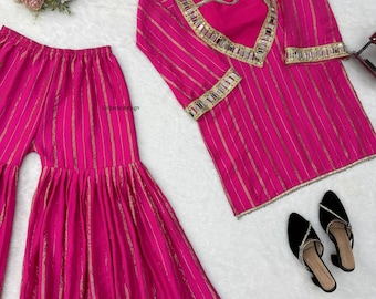 Silk Palazzo Set | Real Mirror Work Top & Pants | Indian Festive Wedding Outfit, Women Kurta Pant Set, Best Navratri Outfit