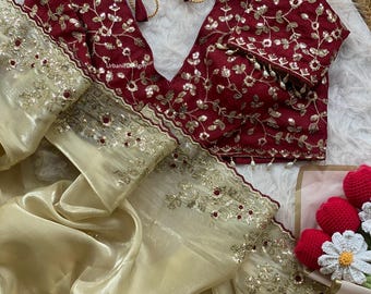 Gestickte Seide Saree, Pailletten Faden Arbeit, genähte Bluse