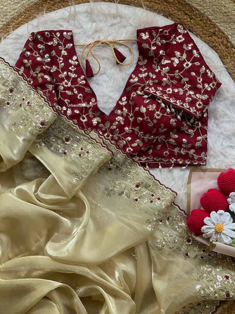 Embroidered Silk Saree, Sequins Thread Work, Stitched Blouse